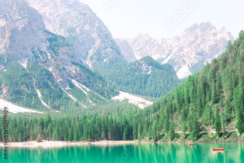 Pines lake mountains scenery . Gorgeous Alpine lake . Evergreen coniferous forest at coast . People walking in National Park 