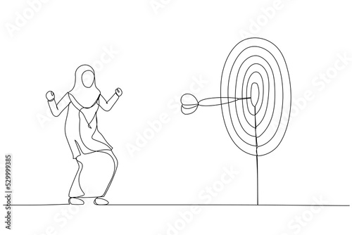 Illustration of businesswoman hitting the center of target. Concept for business idea. Single line art style
