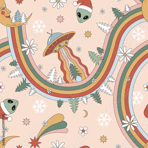 Hippie Groovy Christmas Trippy Rainbow UFO Santa Alien Smiley Face vector seamless pattern. Retro 60s 70s Xmas extraterrestrial flying saucer floral background.