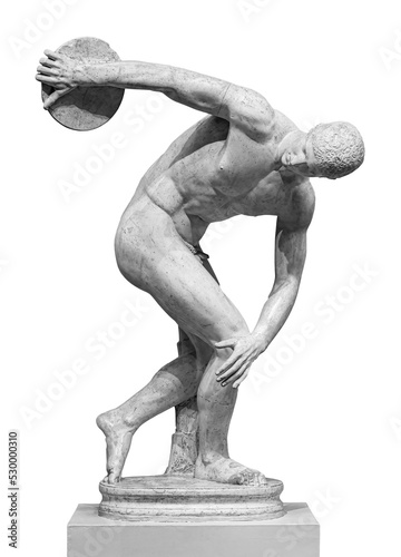Discus thrower discobolus statue. A part of the ancient Olymp games. A Roman copy of the lost bronze Greek sculpture. Isolated on white background photo