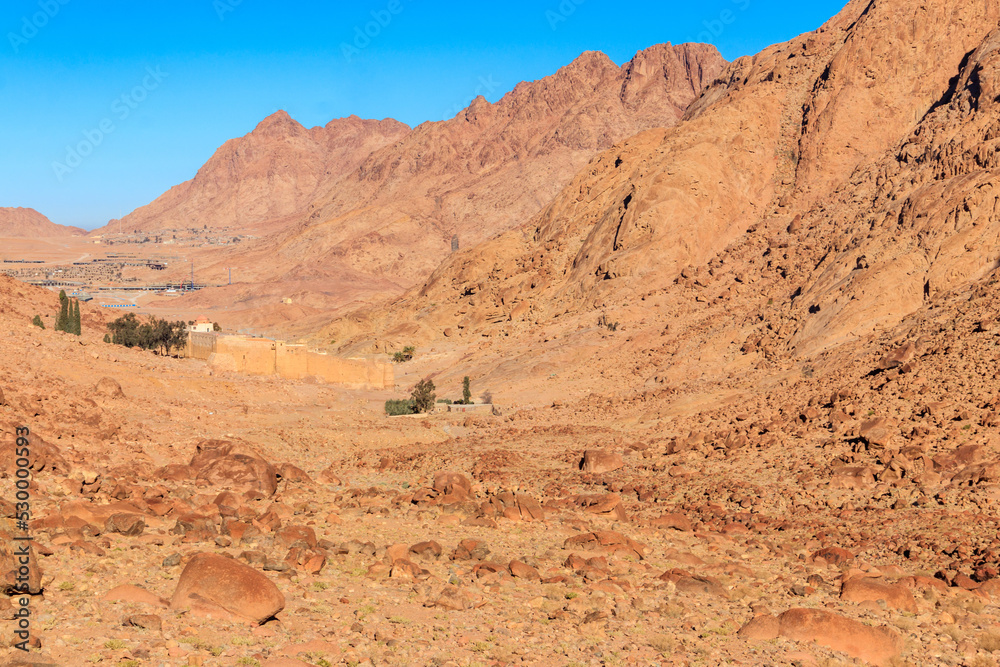 Fototapeta premium View of Saint Catherine's monastery (or Sacred Monastery of the God-Trodden Mount Sinai) in Sinai Peninsula, Egypt