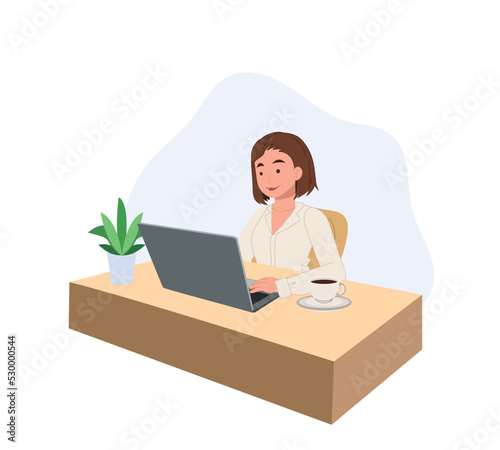 Business woman working on the laptop computer. vector illustration