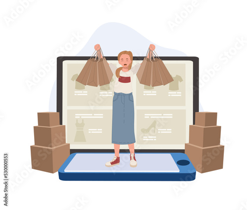 online shopping concept, e-commerce. woman with shopping bags in both hands enjoy online shopping from smartphone. flat illustration vector