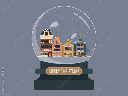 Crystal snow globe with winter landscape and house. Magic glass ball for winter xmas holiday concept. Snow globe icon concept drawing icon in modern style. Hand drawn vector illustration isolated