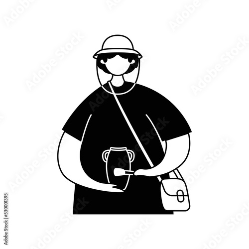 Vector illustration of an archaeologist with an antique vase in his hands. Professions. Outline