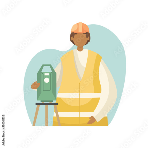 Vector illustration of a surveyor in uniform with a theodolite on a tripod. Professions.