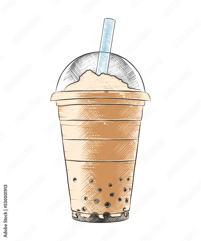 Vector engraved style Traditional Bubble Milk Tea drink in plastic glass for posters, decoration, logo, menu, sign. Hand drawn sketch of Asian Thai sweet cold beverage. Detailed colorful drawing. Vector engraved style Traditional Bubble Milk Tea drink in plastic glass for posters, decoration, logo, menu, sign. Hand drawn sketch of Asian Thai sweet cold beverage. Detailed colorful drawing.