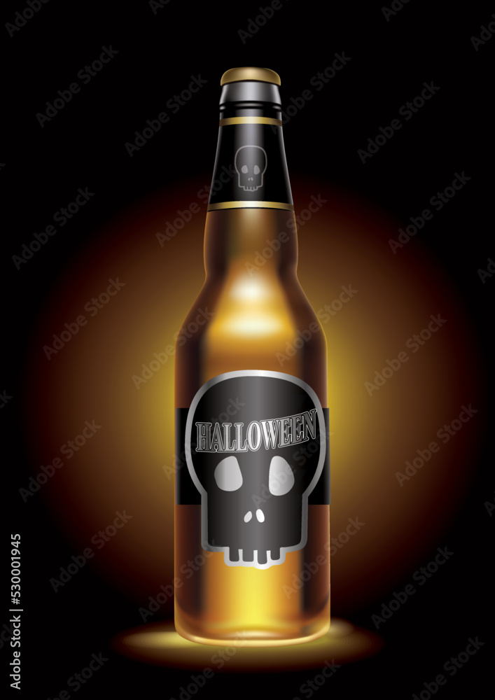 Vector illustrator of a beer bottle with skull Halloween label on the dark background with lights. In the mood for Halloween night. Halloween concept. Vector illustrator of a beer bottle with skull Halloween label on the dark background with lights. In the mood for Halloween night. Halloween concept.