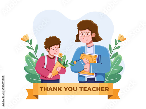 A student give a flower to the teacher as a thank-you.
Thank You Teacher Illustration Cartoon.
Happy Teacher Day.
Suitable for greeting card, poster, banner, web, etc