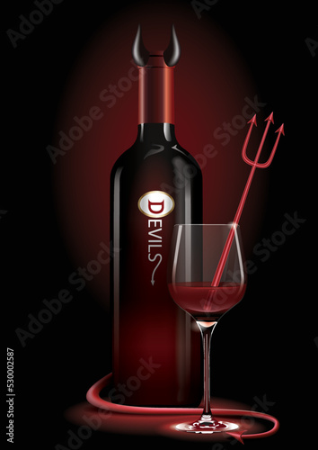 Vector illustrator of a wine bottle in red devils costume with Devil's Trident in wine glass, on the dark background with lights. In the mood for Halloween night. Halloween concept.
