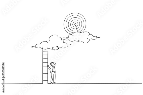 Drawing of hopelessness businessman with too short ladder cannot reach target. Metaphor for mistake and error causing business problem and missing goal. Single line art style