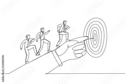 Cartoon of businessman hand pointing to the target. Single continuous line art style