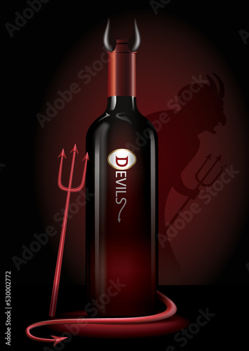 Vector illustrator of a wine bottle in red devils costume with Devil's Trident, on the dark background with lights. In the mood for Halloween night. Halloween concept.