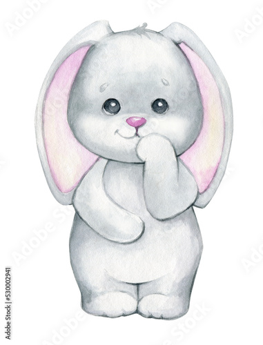Cute bunny, gray, cartoon-style, on an isolated background. Watercolor drawing of a forest animal