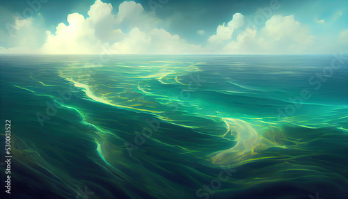 Harsh ocean with large sea waves. Wavy and beautiful sea. The Pacific Ocean is raging. Digital illustration, digital painting