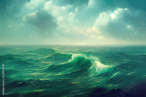 Harsh ocean with large sea waves. Wavy and beautiful sea. The Pacific Ocean is raging. Digital illustration, digital painting