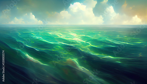 Harsh ocean with large sea waves. Wavy and beautiful sea. The Pacific Ocean is raging. Digital illustration  digital painting