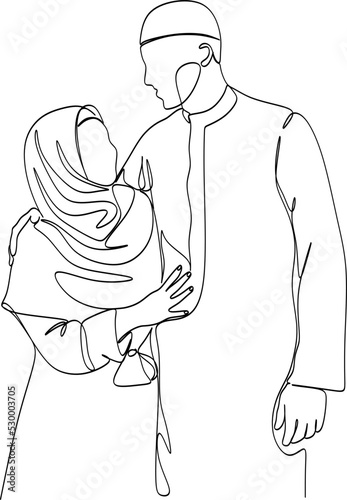 Continuous one line drawing muslim couples wife and husband wearing white traditional clothes for Ihram ready for Hajj. Hajj and umrah concept. Single line draw design vector graphic illustration.