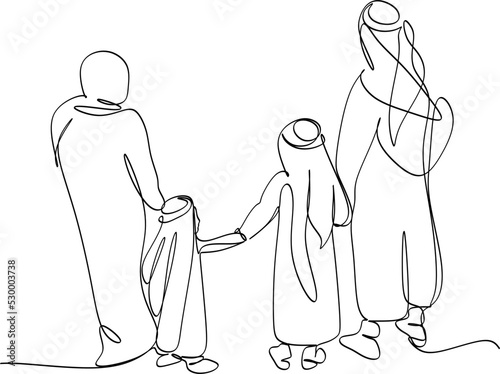 Arabian family mom, dad and son walking together. Islamic muslim happy family parenting concept. Continuous One line drawing design vector illustration
