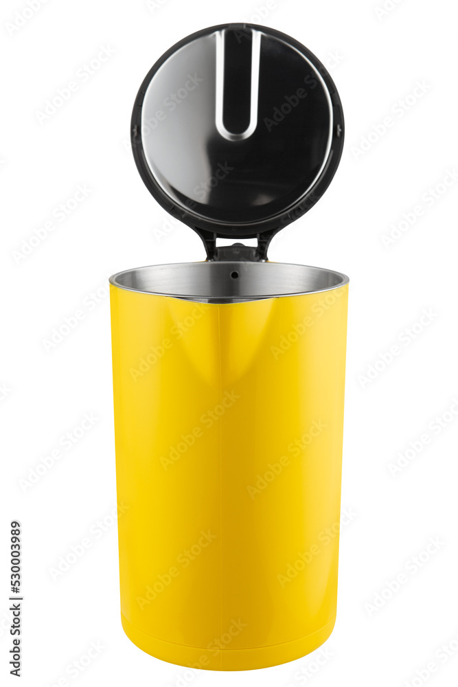 Electric yellow kettle, with stainless steel flask, plastic outer finish, on a white background, isolate Electric yellow kettle, with stainless steel flask, plastic outer finish, on a white background, isolate