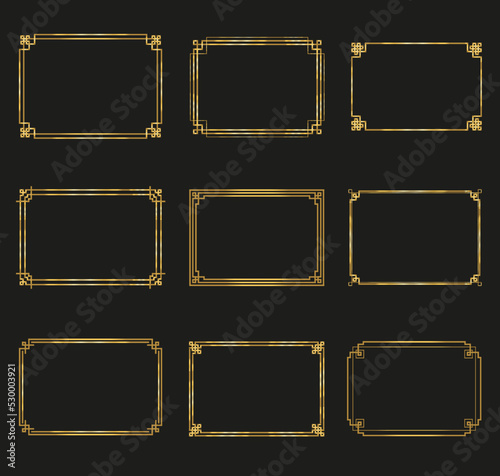 Art Deco gold horizontal frames and borders collection 2. Trendy gatsby design elements. Retro style. Isolated. Vector.