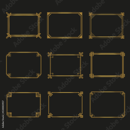 Art Deco gold horizontal frames and borders collection . Trendy gatsby design elements. Retro style. Isolated. Vector.