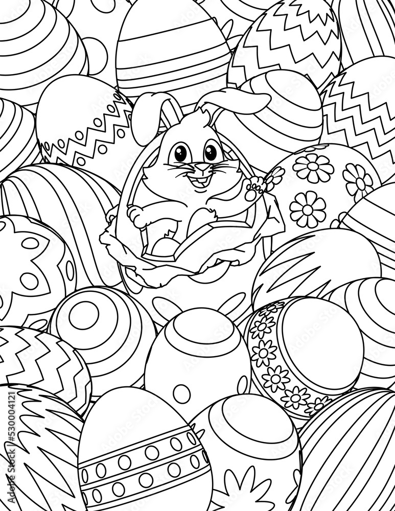 Naklejka premium Easter Bunny Eggs Coloring Book Page Cartoon