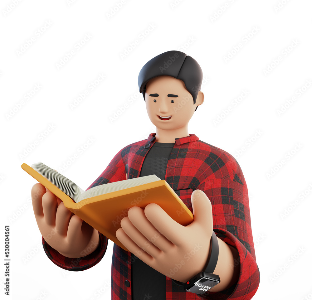 3D render illustration. Cartoon character of a young man wearing a red  flannel shirt isolated on white background. A person reading a book. Image  for school, college, study, or casual situation Stock