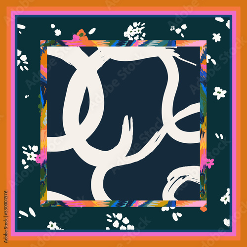 Dark scarf hand drawn modern design with flowers. Abstract fashionable vector template for your design. Line art.