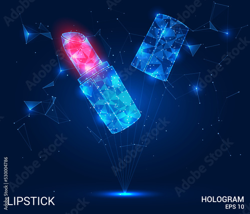 Hologram lipstick. Lipstick made of polygons, triangles of dots and lines. Lipstick icon low poly compound structure. Technology concept vector.