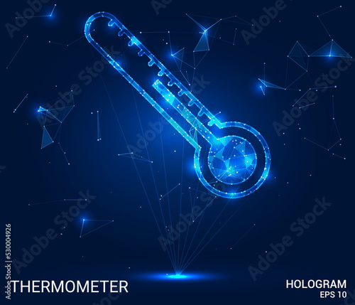 Hologram thermometer. A thermometer made of polygons, triangles of points and lines. Thermometer icon low-poly connection structure. Technology concept vector.