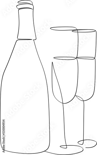 Glass with wine and bottle. Vector illustration. White drawing, party, cute glass