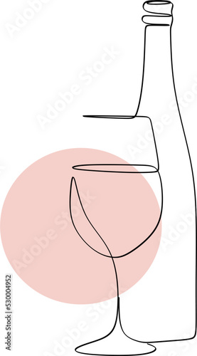 Glass with wine and bottle. Vector illustration. White drawing, party, cute glass