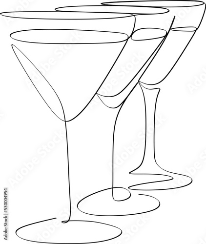 Wine Glass Continuous Line Drawing Black Sketch on White Background. Continuous Simple Drawing of Wine Glass. Minimal One Line Draw Illustration for Cafe, Shop, Delivery.