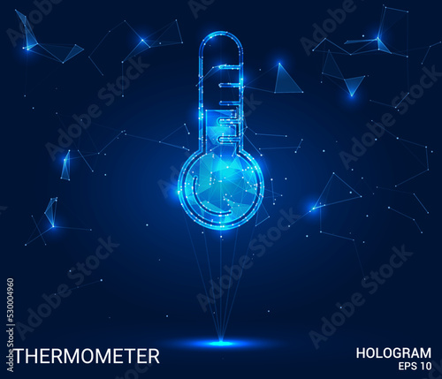 Hologram thermometer. A thermometer made of polygons, triangles of points and lines. Thermometer icon low-poly connection structure. Technology concept vector.