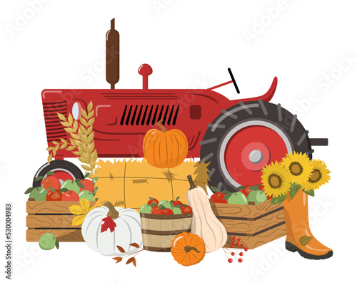 Red rustic tractor with pumpkins, apples, sunflowers, hay, and leaves. Isolated on white background. Autumn harvest or Thanksgiving Day design in cartoon style.