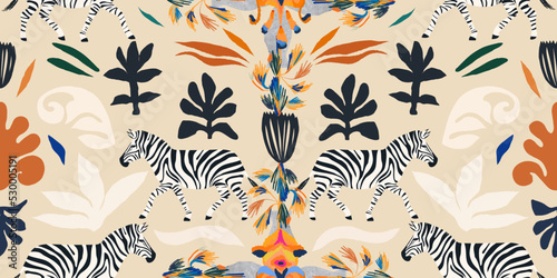 Hand drawn bohemian abstract organic shapes floral pattern with zebras. Collage contemporary print. Fashionable template for design. Ethnic style.