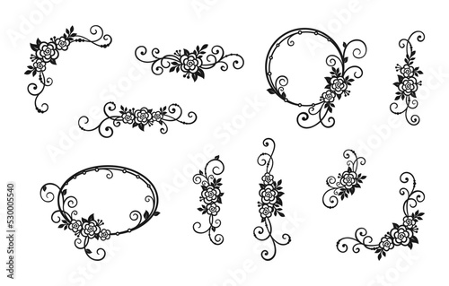 Black and white borders, corners and frames with flowers, leaves, twigs and curls, isolated on a white background. Vector set of floral frame for holiday greeting card, wedding invitation and monogram