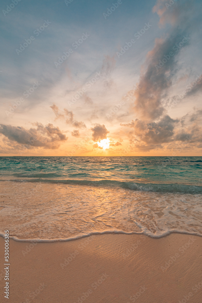 Colorful sky clouds ocean beach sunrise sunset. Vertical tropical island seaside coastal landscape, exotic beach shore, sea horizon. Inspire happy closeup of sand, beautiful summer travel banner
