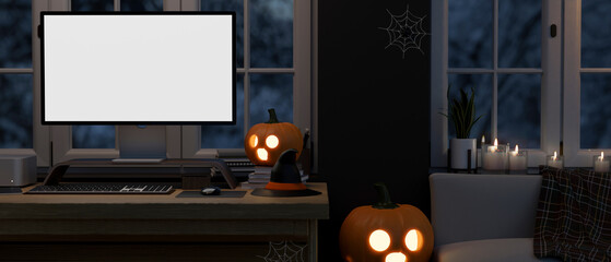 Modern home living room with workstation at Halloween night with computer mockup