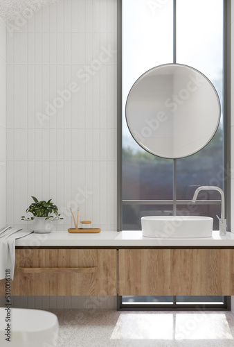 Modern minimal contemporary bathroom interior with wood bathroom counter with vessel sink