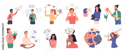 A set of concepts. Analytical, structural, imaginative, creative thinking, mbti and socionics. Flat vector illustration