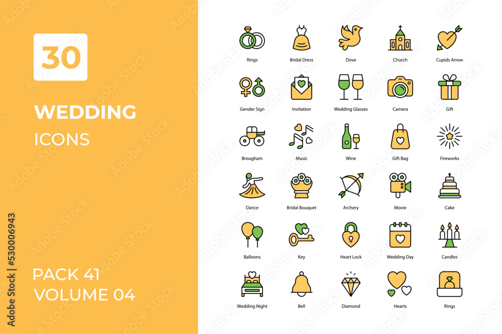 Fototapeta Wedding icons collection. Set contains such Icons as bible, bird, bouquet, bride, cake and more
