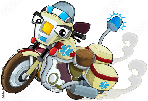 cartoon scene with funny looking ambulance motorcycle illustration for children 
