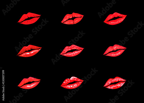 A collection of female red lips giving a kiss, similar images with slight variations. Isolated on a black background. 