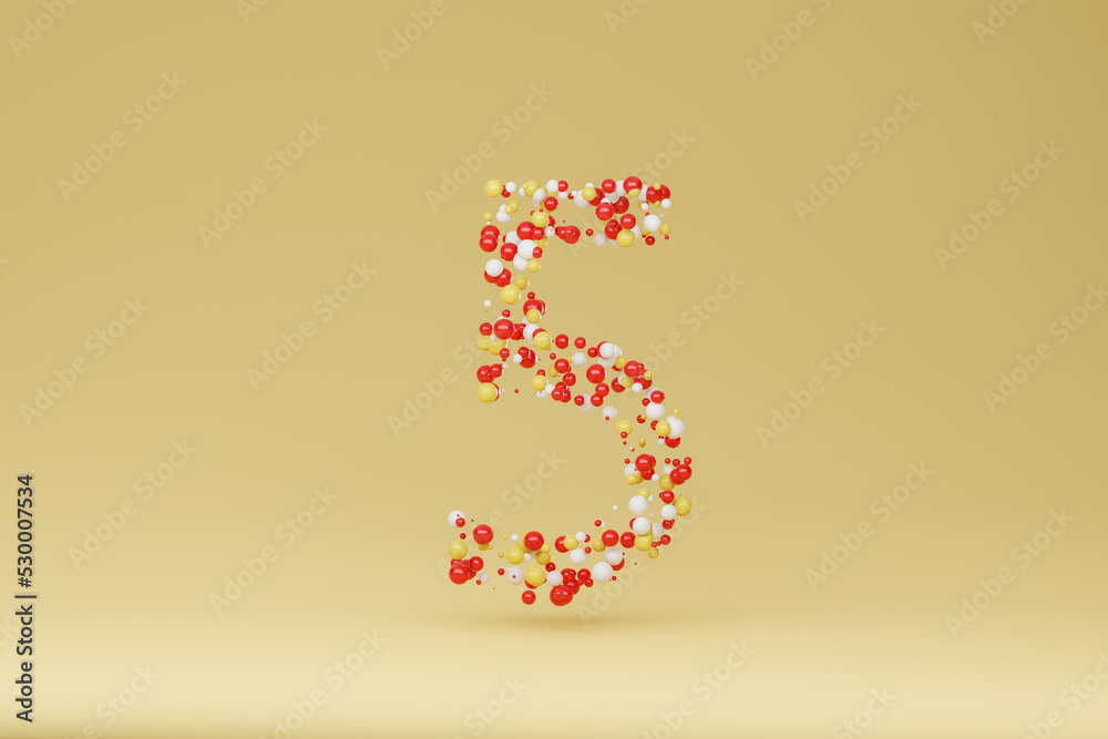 3d illustration of number five made with spheres in yellow background 3d illustration of number five made with spheres in yellow background