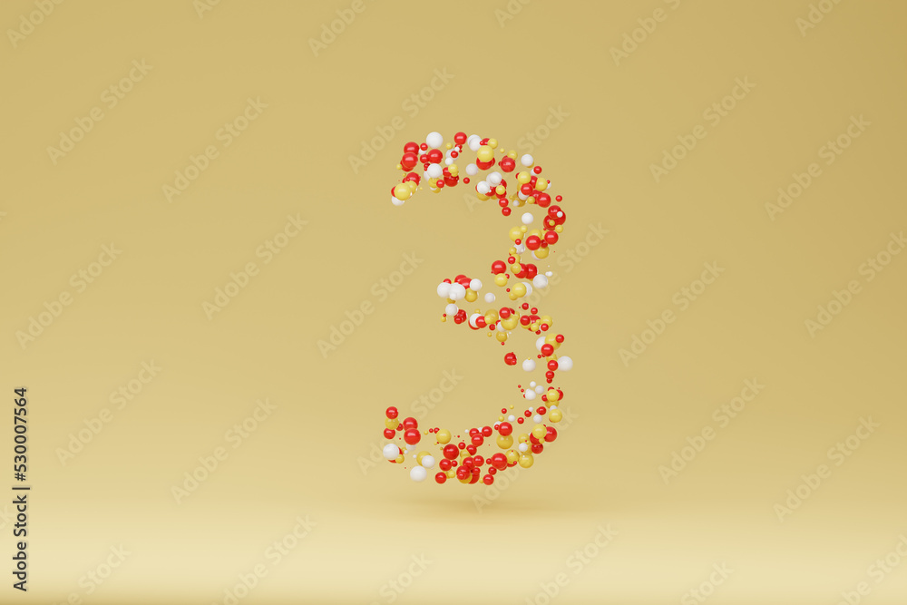 3d illustration of number three made with spheres in yellow background 3d illustration of number three made with spheres in yellow background