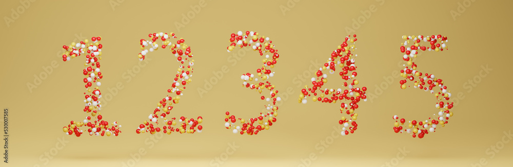 3d illustration of number one,two,three,four and five made with spheres in yellow background