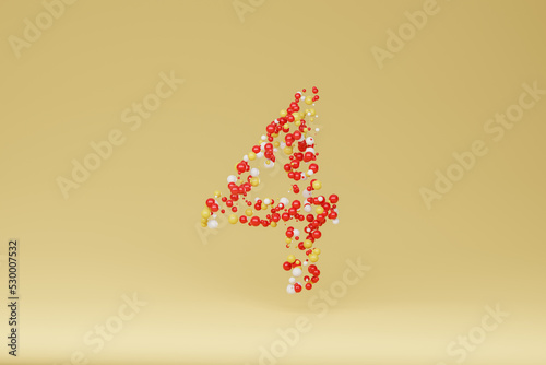 3d illustration of number four made with spheres in yellow background