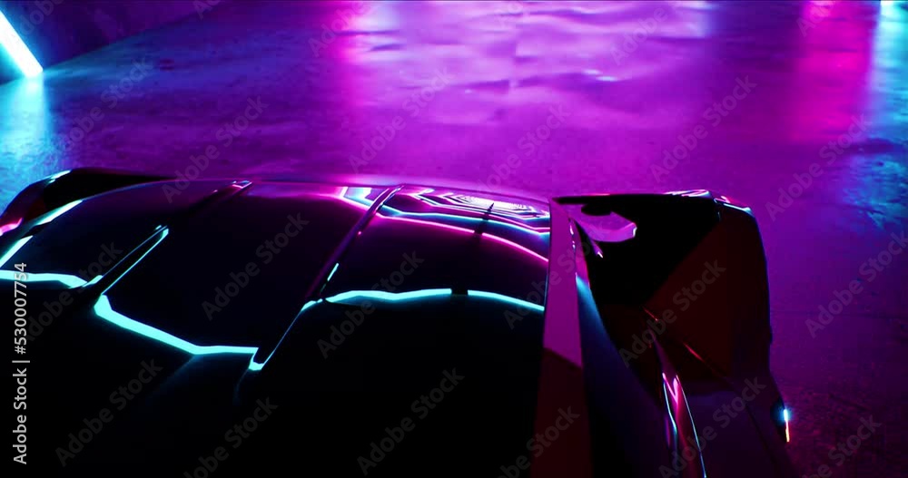 Modern speeding red car with headlights on driving fast through a neon tunnel. 3D rendering